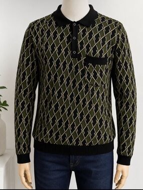 Percival Men's Olive Argyle Knit Polo Cotton Sweater Size Large